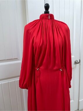 Tibi Vibrant Red High-Neck Long-Sleeve Drawstring Maxi Dress